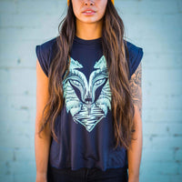 Wolf Flowy T-Shirt With Rolled Cuffs | Teal & Midnight Blue