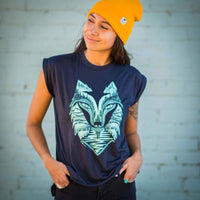 Wolf Flowy T-Shirt With Rolled Cuffs | Teal & Midnight Blue