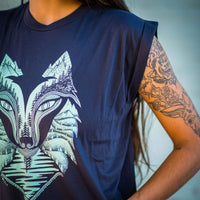Wolf Flowy T-Shirt With Rolled Cuffs | Teal & Midnight Blue