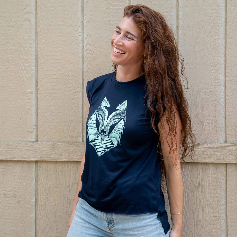 Wolf Flowy T-Shirt With Rolled Cuffs | Teal & Midnight Blue