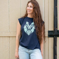 Wolf Flowy T-Shirt With Rolled Cuffs | Teal & Midnight Blue
