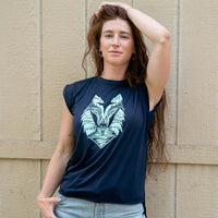 Wolf Flowy T-Shirt With Rolled Cuffs | Teal & Midnight Blue
