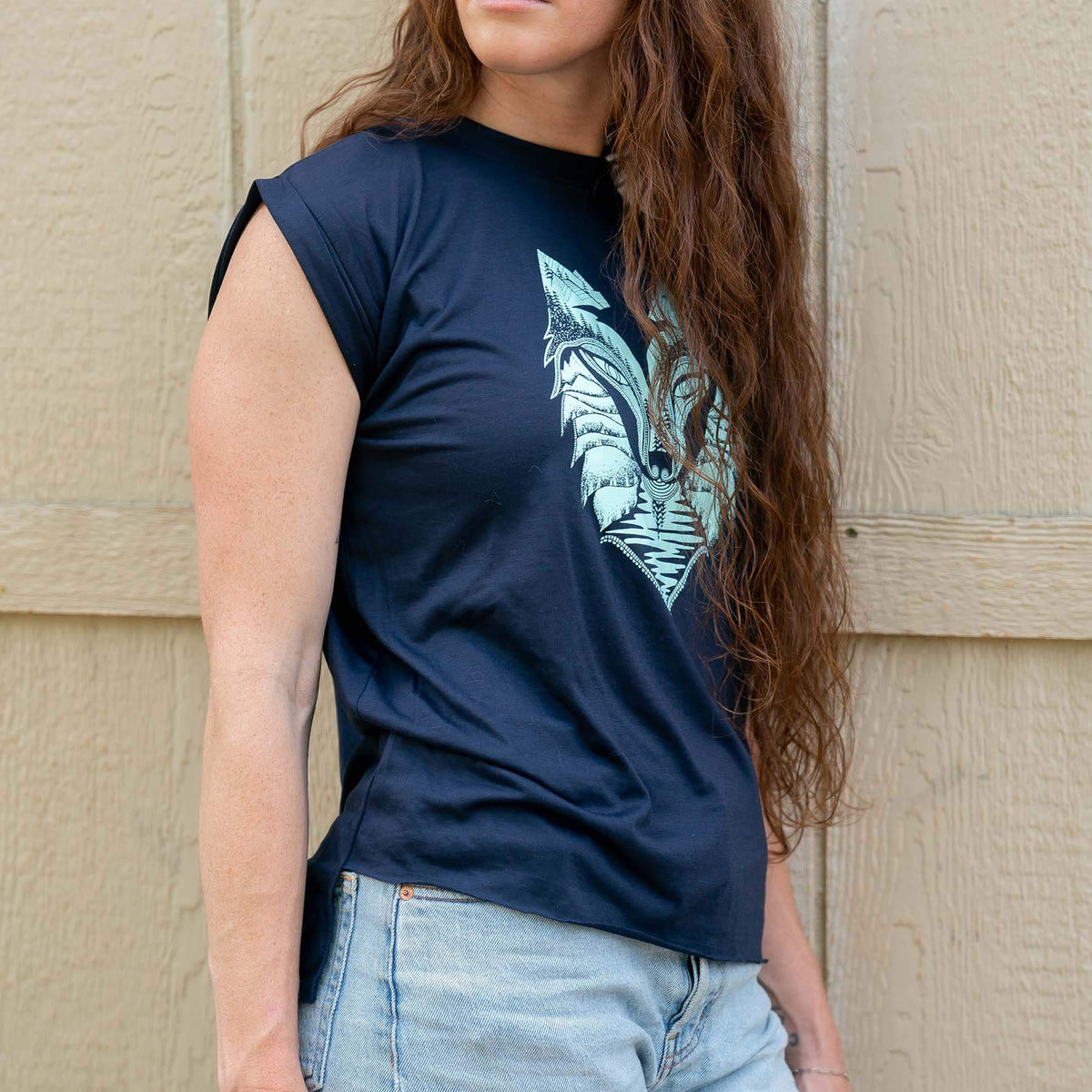 Wolf Flowy T-Shirt With Rolled Cuffs | Teal & Midnight Blue