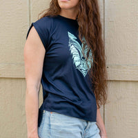 Wolf Flowy T-Shirt With Rolled Cuffs | Teal & Midnight Blue